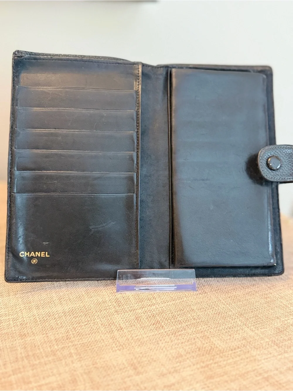 CHANEL EUC Black Quilted Caviar Leather Long Wallet with CC Motif